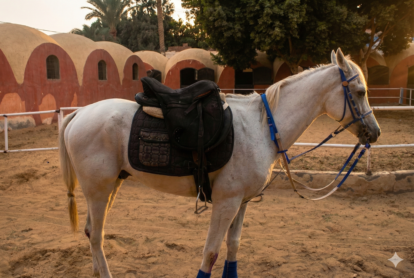 Karizma - Horse available for riding at Kheyool El Shewkhy in Saqqara, Egypt. Behold this elegant white stallion, defined by his light, creamy coat and gentle
