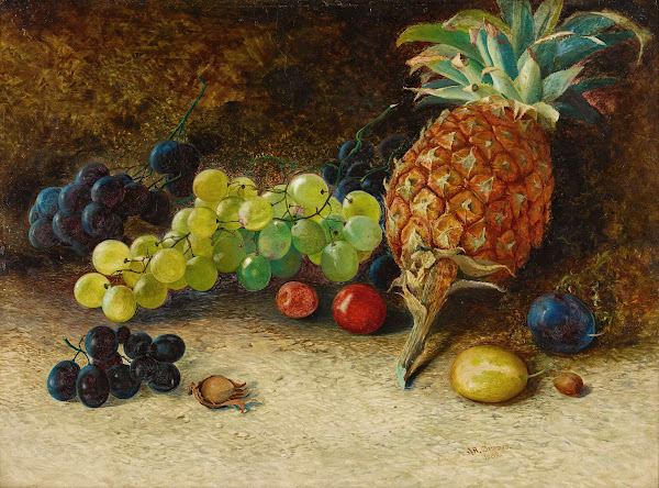 Still lifewith a pineapple grapes nutsand plums 1862