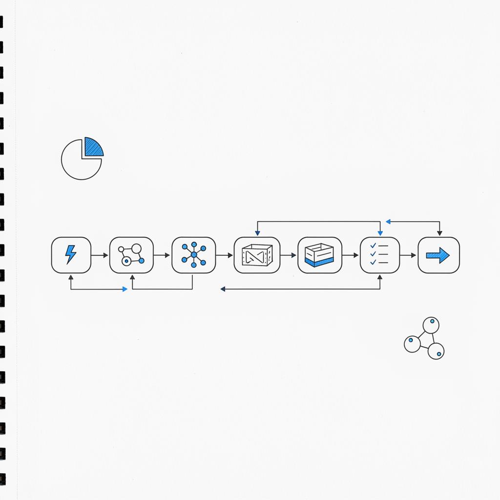Top-down sketchbook close-up of a minimalist assembly-line diagram (triggers → data connectors → model → staging → human review → outbound) in ink with #1a5bfb and #39383f accents &mdash; can you use ChatGPT to generate leads