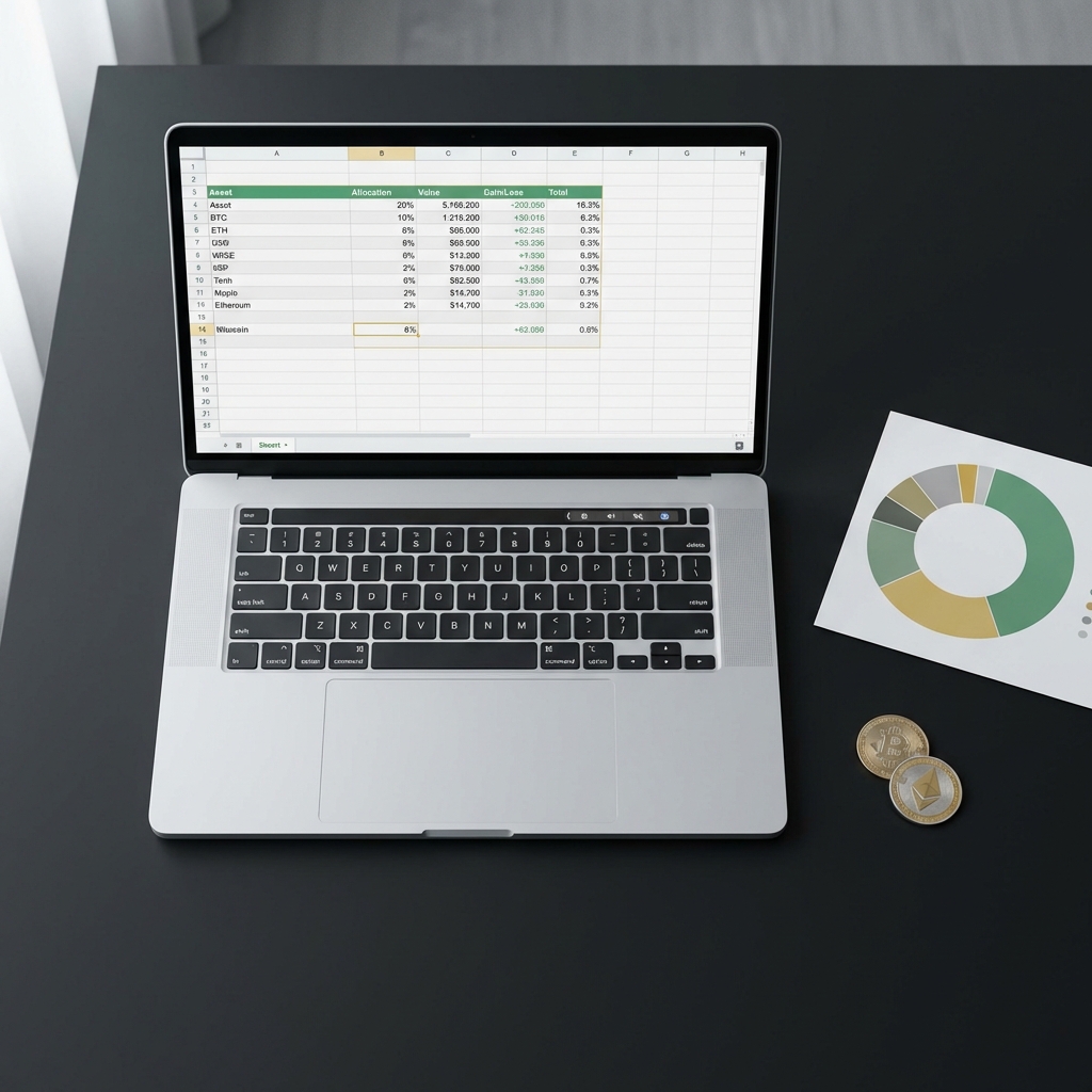 Top down clean workspace with laptop showing a simple portfolio spreadsheet printed allocation chart and subtle btc and eth logos in brand colors what crypto should I invest $1000 in