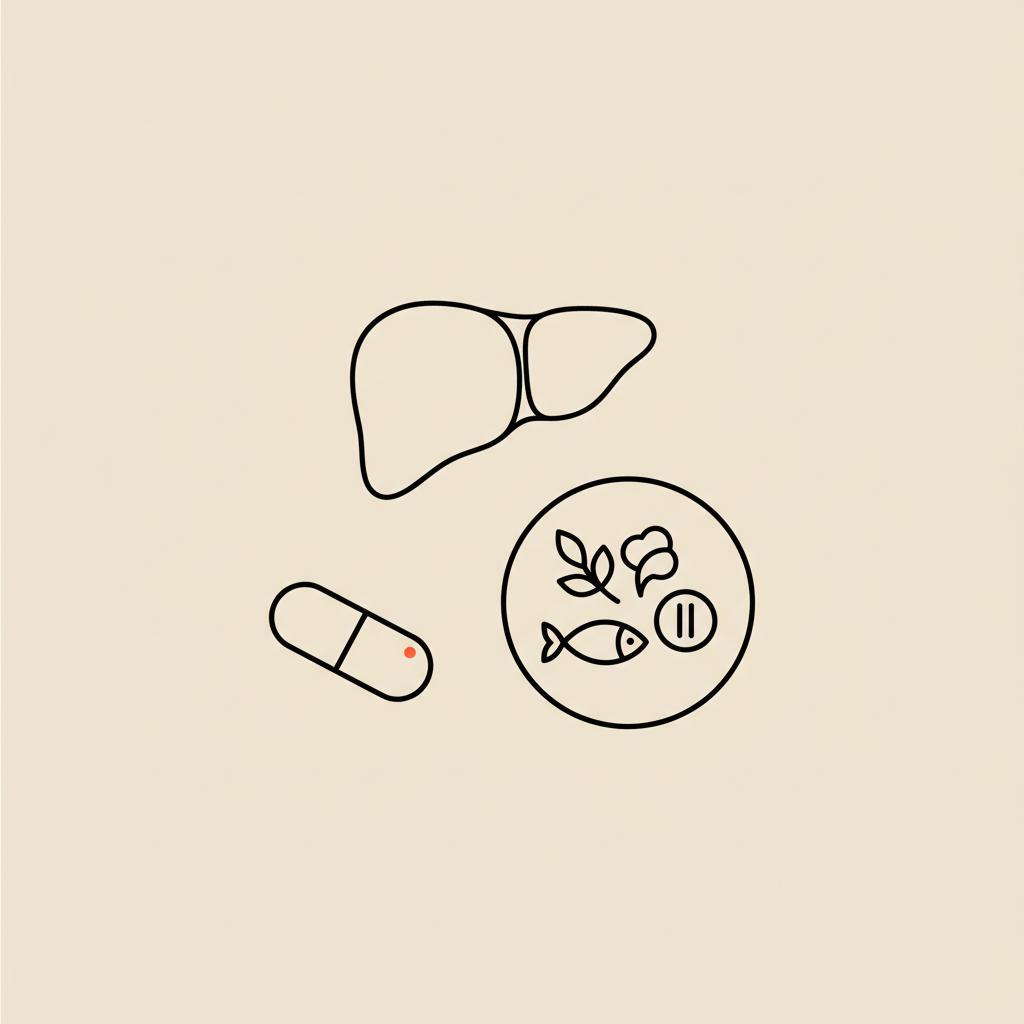Minimal Tonum-style line illustration of a stylized liver, capsule, and plate with fish and vegetables on a beige background, representing hepatic lipid metabolism.