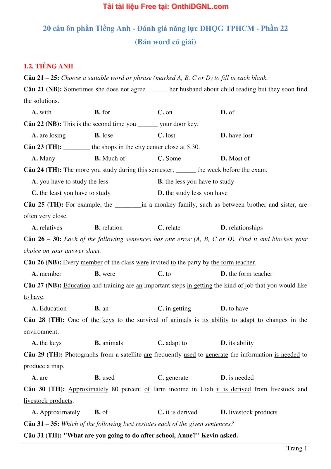 800 bài tập môn Tiếng Anh - Ôn thi ĐGNL ĐHQG TP HCM Phần 22