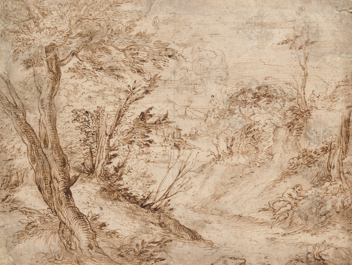 A wooded landscape with a figure resting beside a road and a river in the backgr