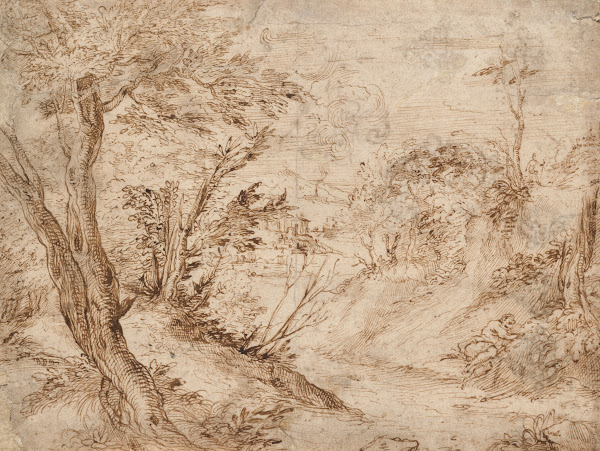 A wooded landscape with a figure resting beside a road and a river in the backgr