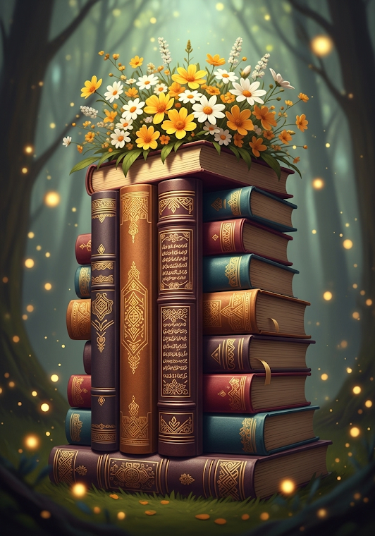 Enchanted Book Stack with Flowers