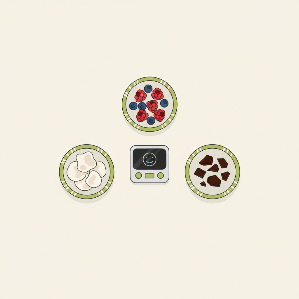 Minimalistische 2D-Vektor-Illustration: drei Schälchen mit gefrorenen Joghurt‑Happen, frischen Beeren und dunkler Schokolade neben einer Waage mit Smiley-Anzeige — kalorienärmste Süßigkeit