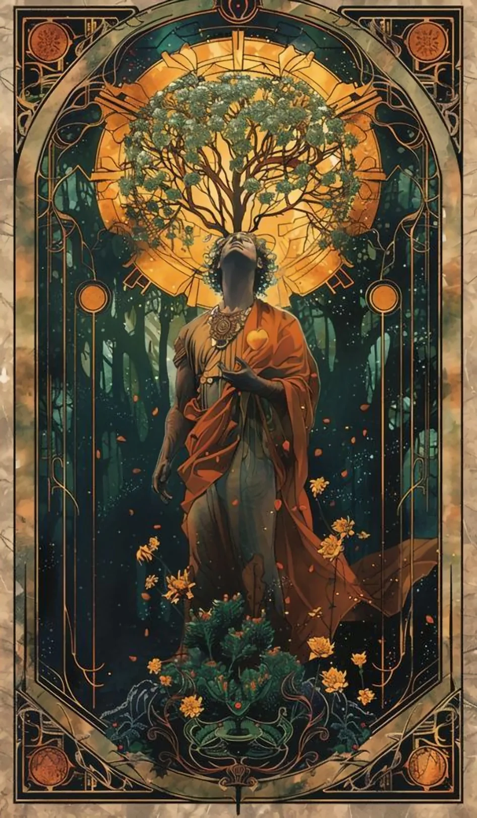 Art Nouveau Tree of Life Mystic Figure Golden Sun Tarot Style - Free 4K mobile Wallpaper