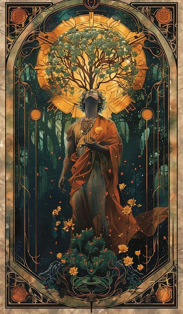 Art Nouveau Tree of Life Mystic Figure Golden Sun Tarot Style - Free mobile Wallpaper