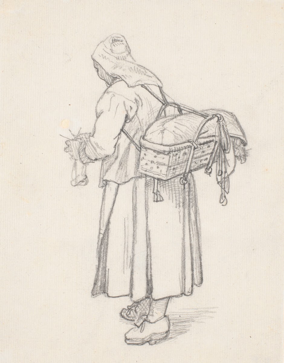 Strikkende svensk kone med kurv på ryggen 1851