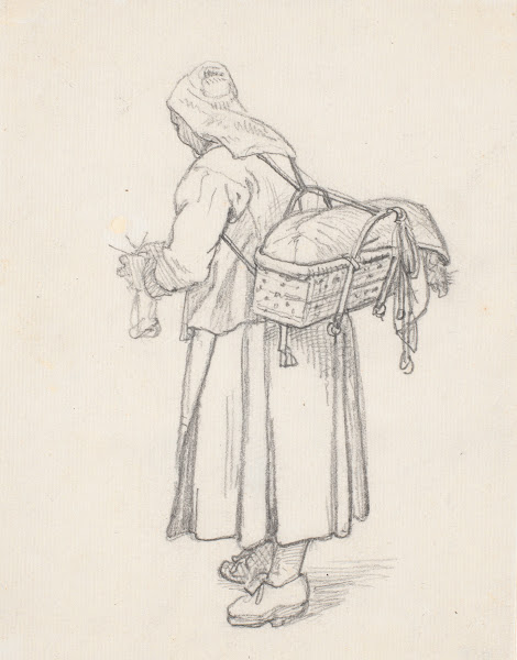 Strikkende svensk kone med kurv på ryggen 1851
