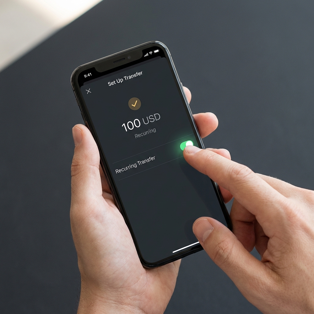 Close up of hands setting a recurring 100 USD transfer on a smartphone with minimalist app interface in Finance Police brand colors how to begin investing with little money