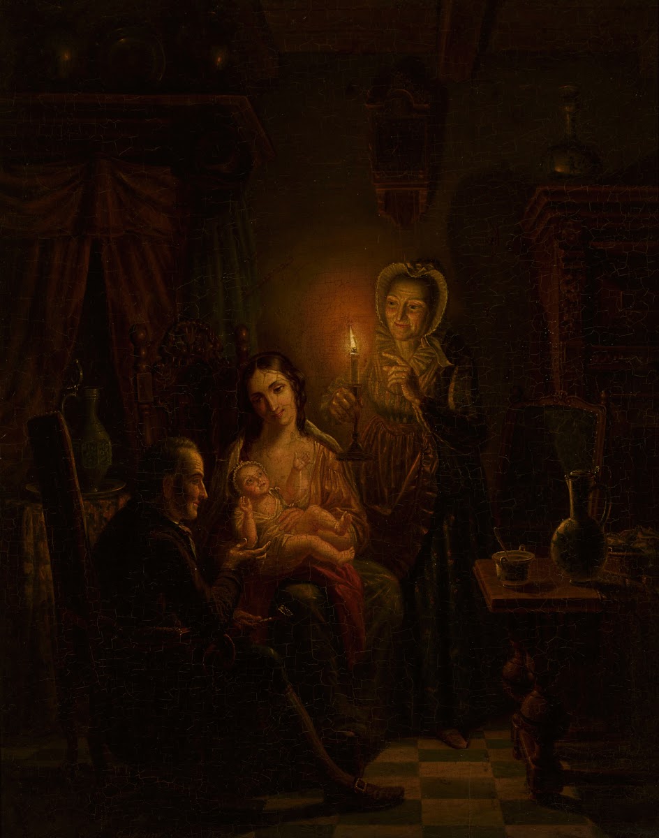 Family scene indoors by candlelight c 1850