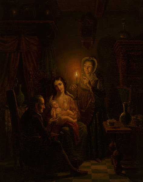 Family scene indoors by candlelight c 1850