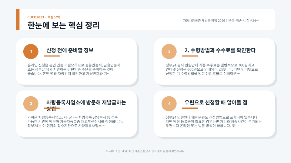 자동차등록증 재발급 신청방법과 온라인·방문 수수료 차이를 단계별로 정리한 이미지