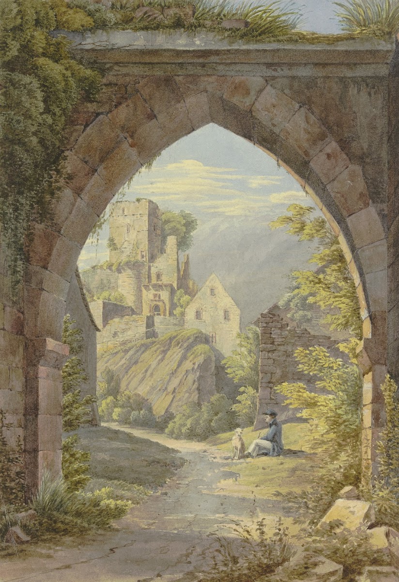 Gotischer Bogen mit Durchblick auf eine Burg