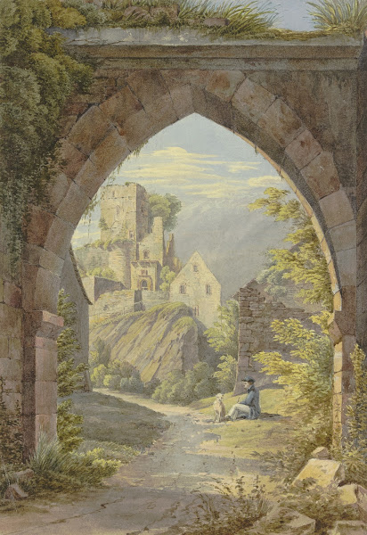Gotischer Bogen mit Durchblick auf eine Burg
