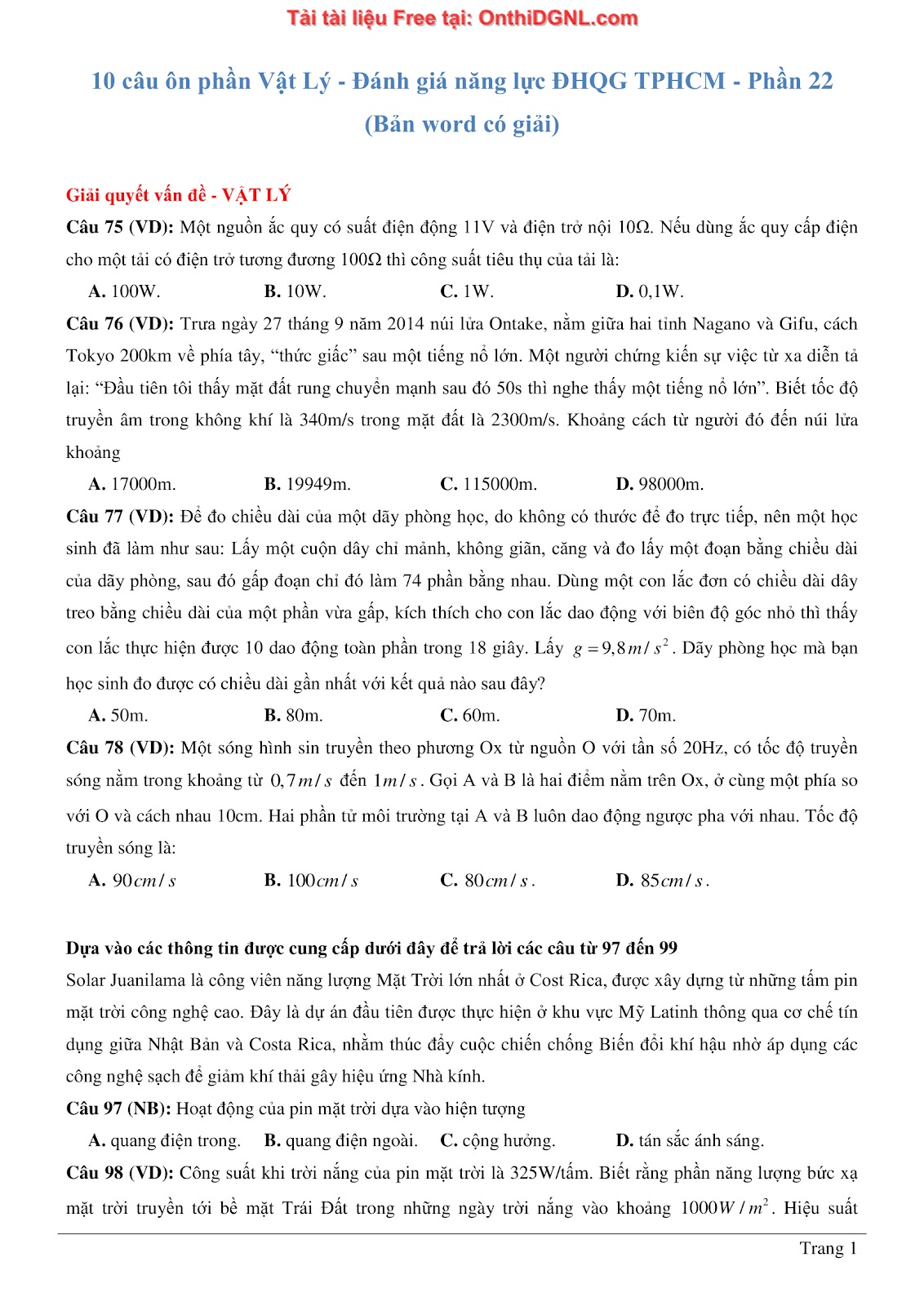 300 bài tập môn Vật Lý - Ôn thi ĐGNL ĐHQG TPHCM Phần 22