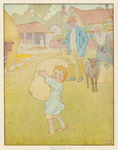 Little boy carrying bag of wool