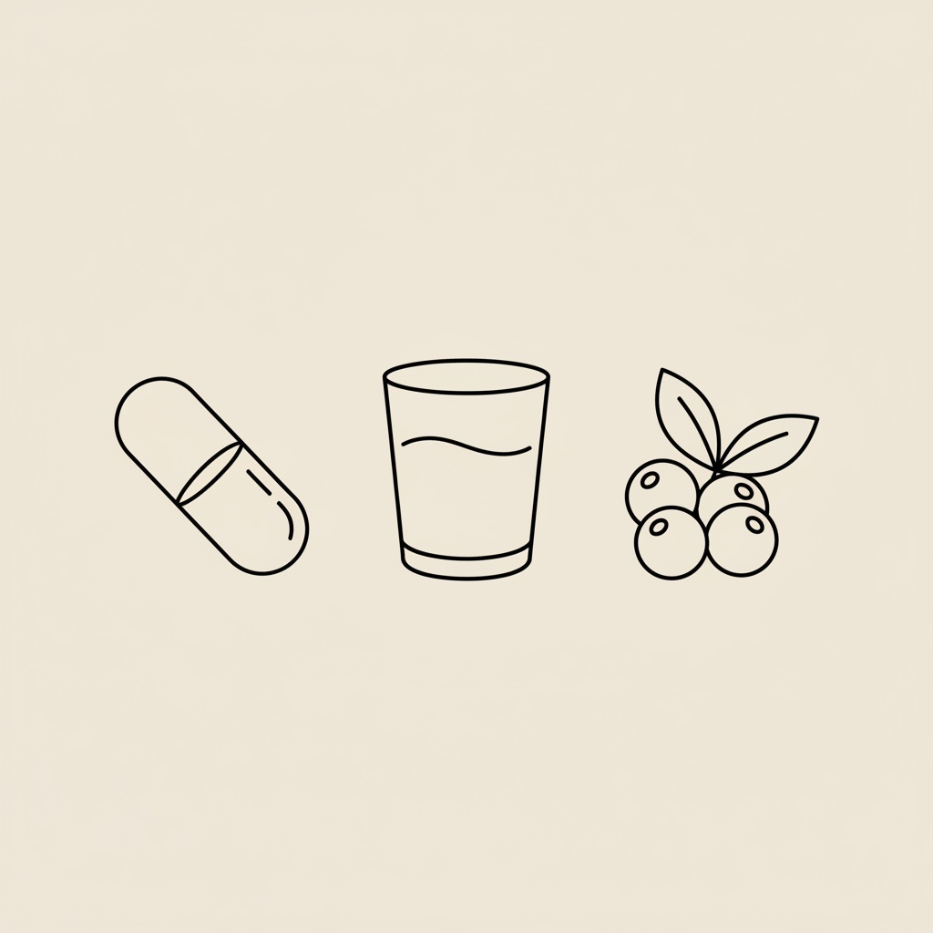Minimal Tonum-style line illustration of a capsule, glass of water, and berry cluster on beige background — side effects of taking ketones
