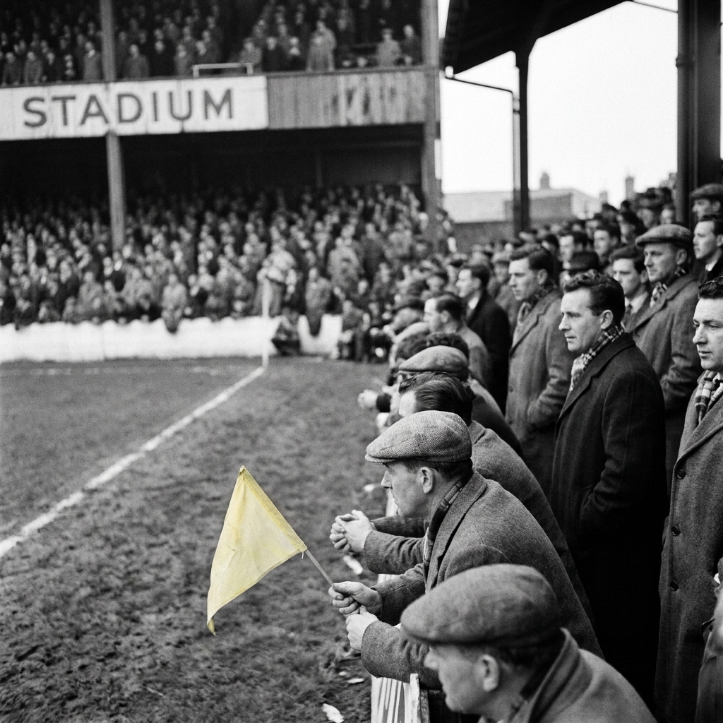 Archival black and white photograph of a 1964 rugby match crowd and pitch cropped full frame realistic period details and a subtle brand accent six nations odds
