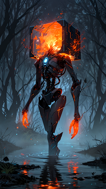 Biomechanical Entity with Fiery Cube Head in Dark Forest - Free mobile Wallpaper