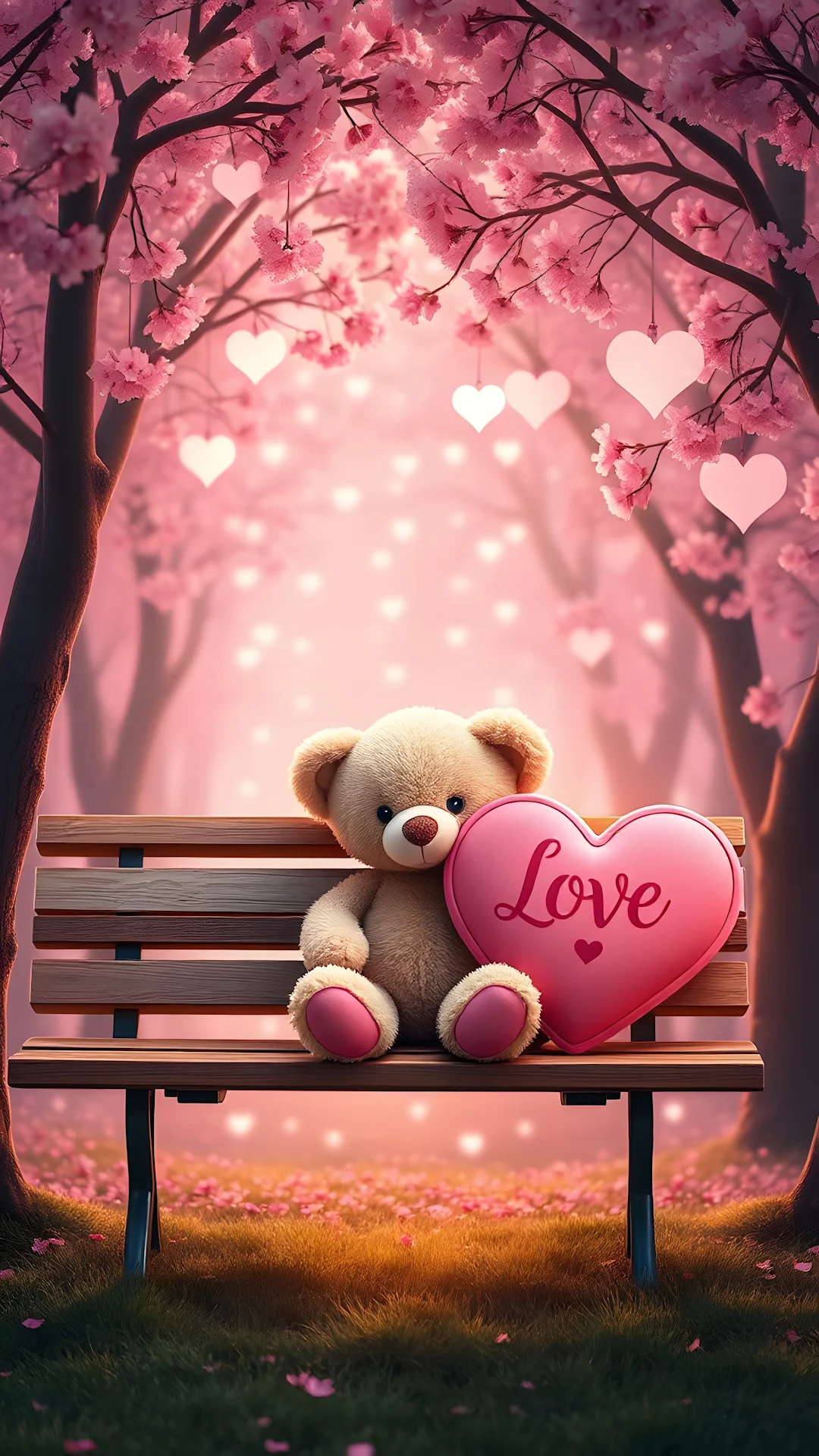 Cute Teddy Bear with Pink Heart in Blossom Park - Free 4K mobile Wallpaper