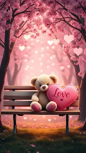 Cute Teddy Bear with Pink Heart in Blossom Park