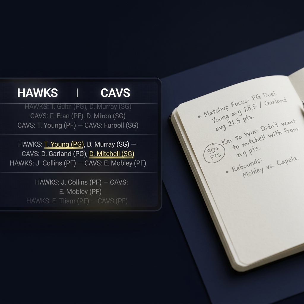 Close up scoreboard and open notebook with matchup notes highlighting hawks cavs prediction in a minimalist Funded Plays style on dark navy background