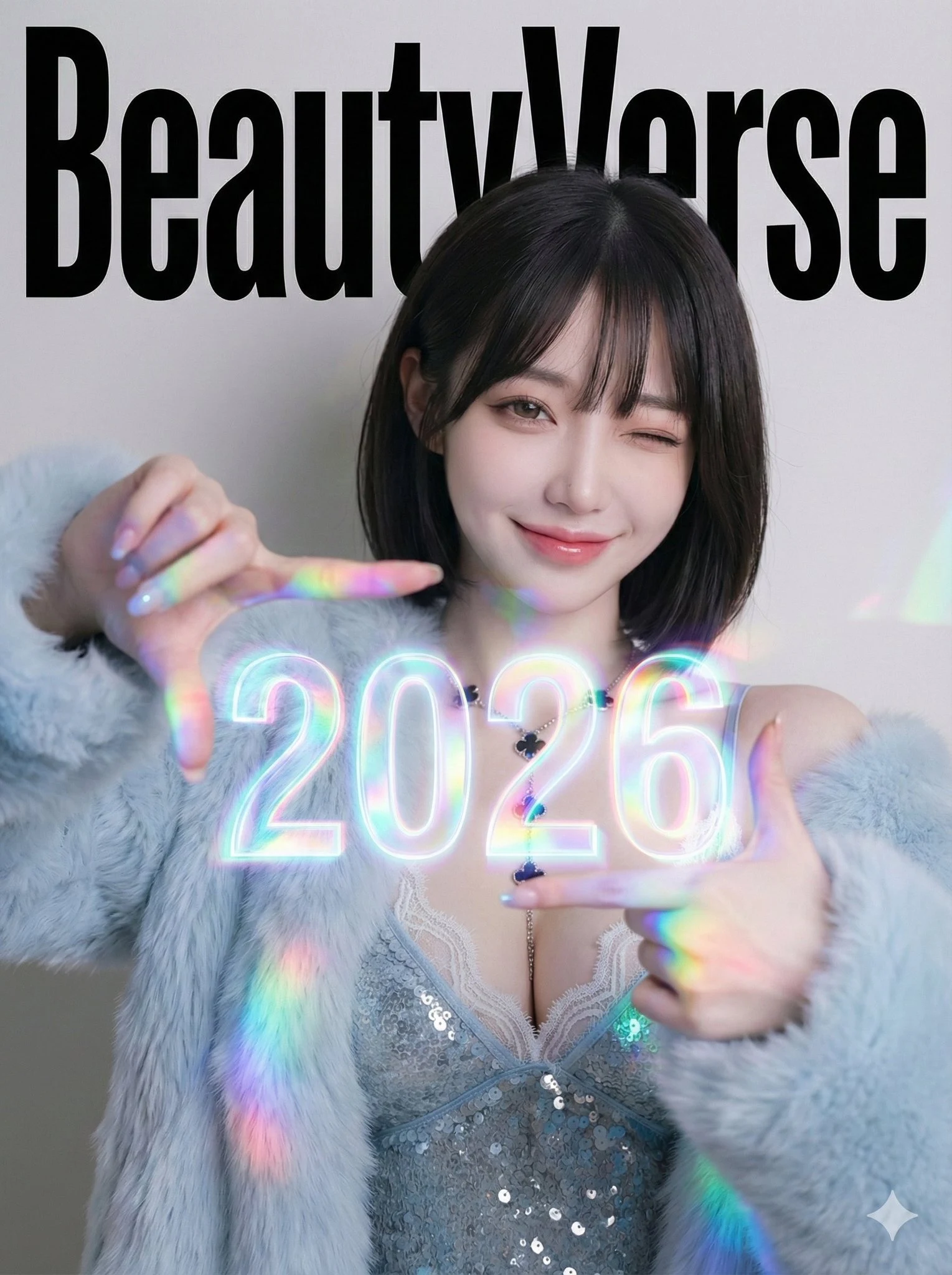 Editorial de BeautyVerse - Visor holográfico a la altura del pecho (Grande 2026) y sonrisa guiñando un ojo