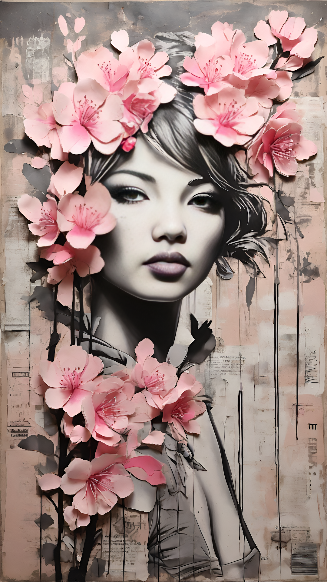 Grayscale Woman Portrait Pink Sakura Flowers Art Collage - Free 4K mobile Wallpaper
