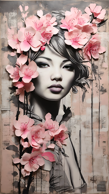 Grayscale Woman Portrait Pink Sakura Flowers Art Collage - Free mobile Wallpaper