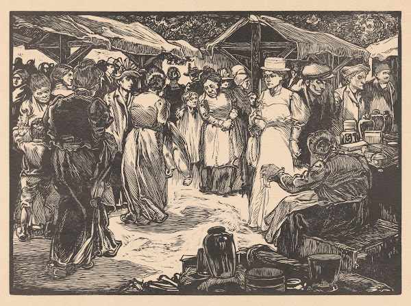 Marktscène met mannen en vrouwen