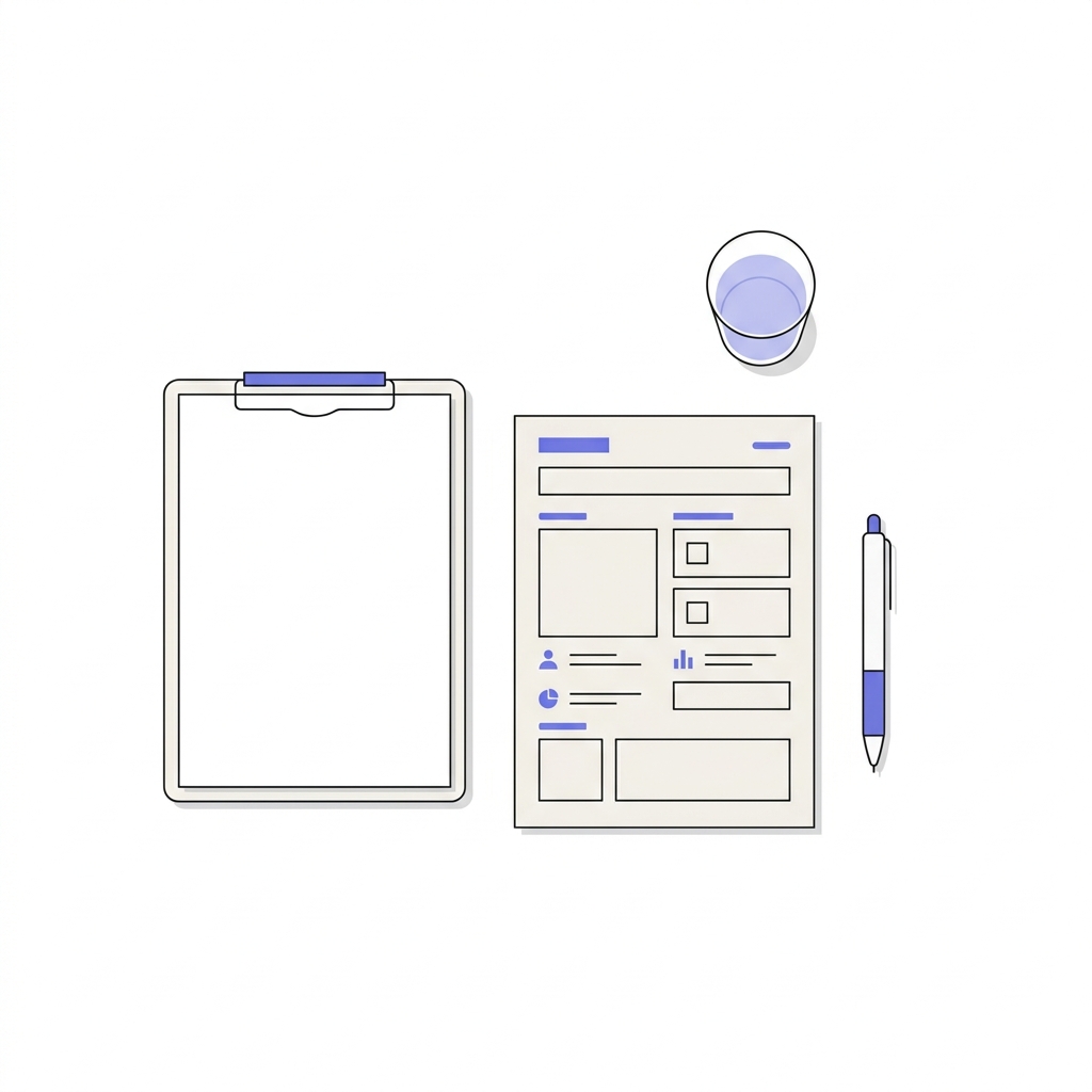 Minimalist 2D vector top down clinic desk with a prescribing information sheet pen clipboard and glass on white background in peptite color palette 7173eb and black no people no text