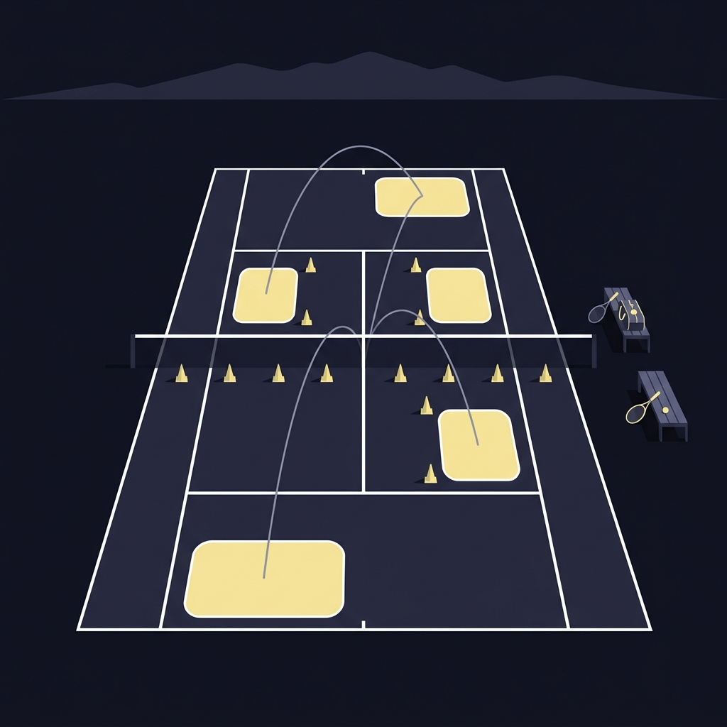 How Altitude Changes Tennis Conditions minimalist 2D vector showing a high elevation daylight tennis court with cones marked target zones racquets bench and ball trajectories in Funded Plays color palette