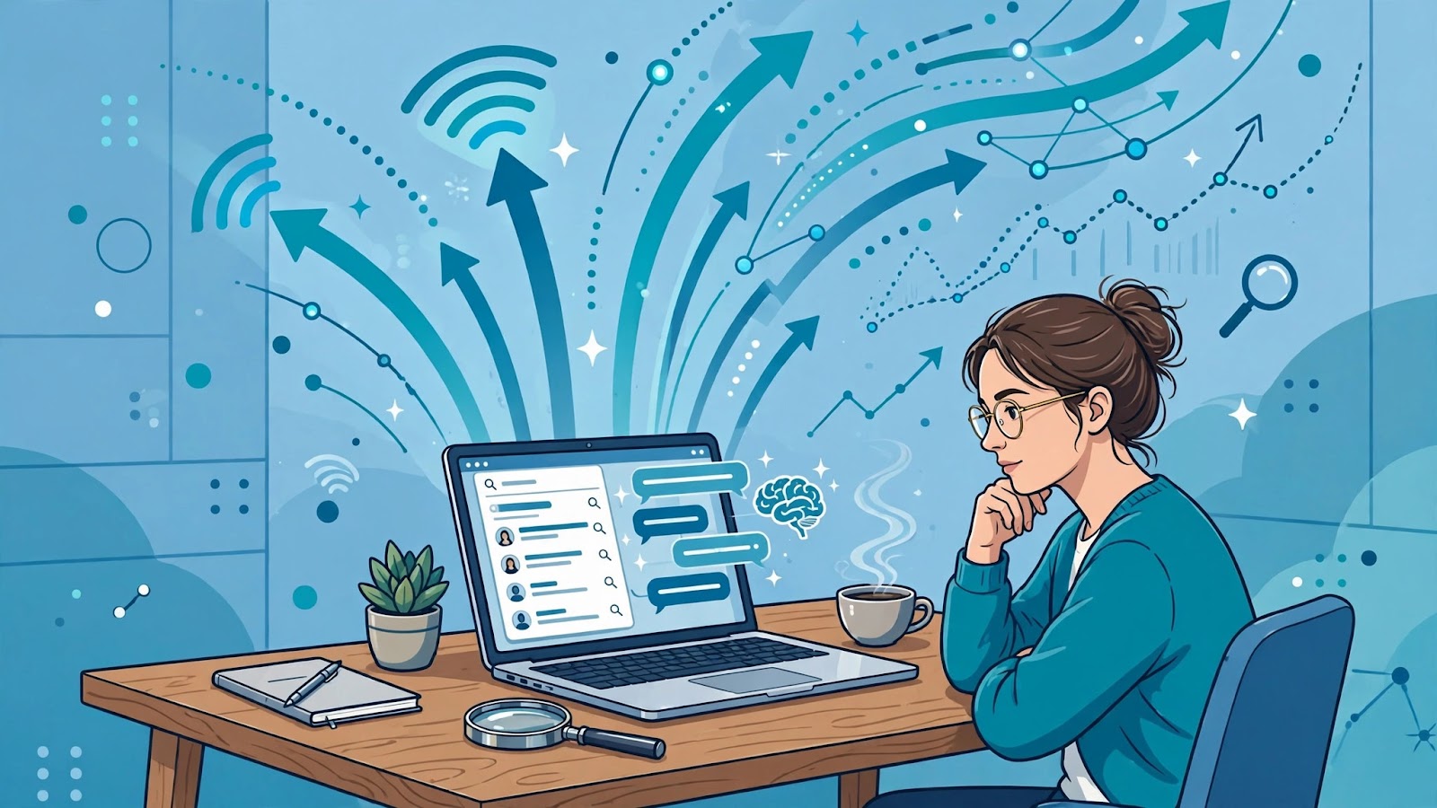 Freelancer at a desk with a laptop showing search and AI discovery, representing AI search SEO for freelancers