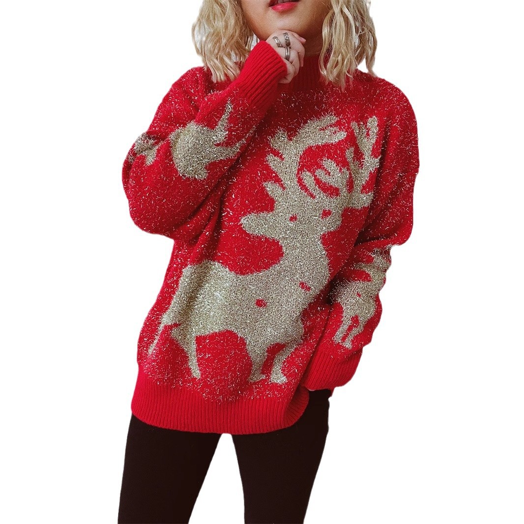 Women's Christmas sweater with snowflakes and reindeer jacquard