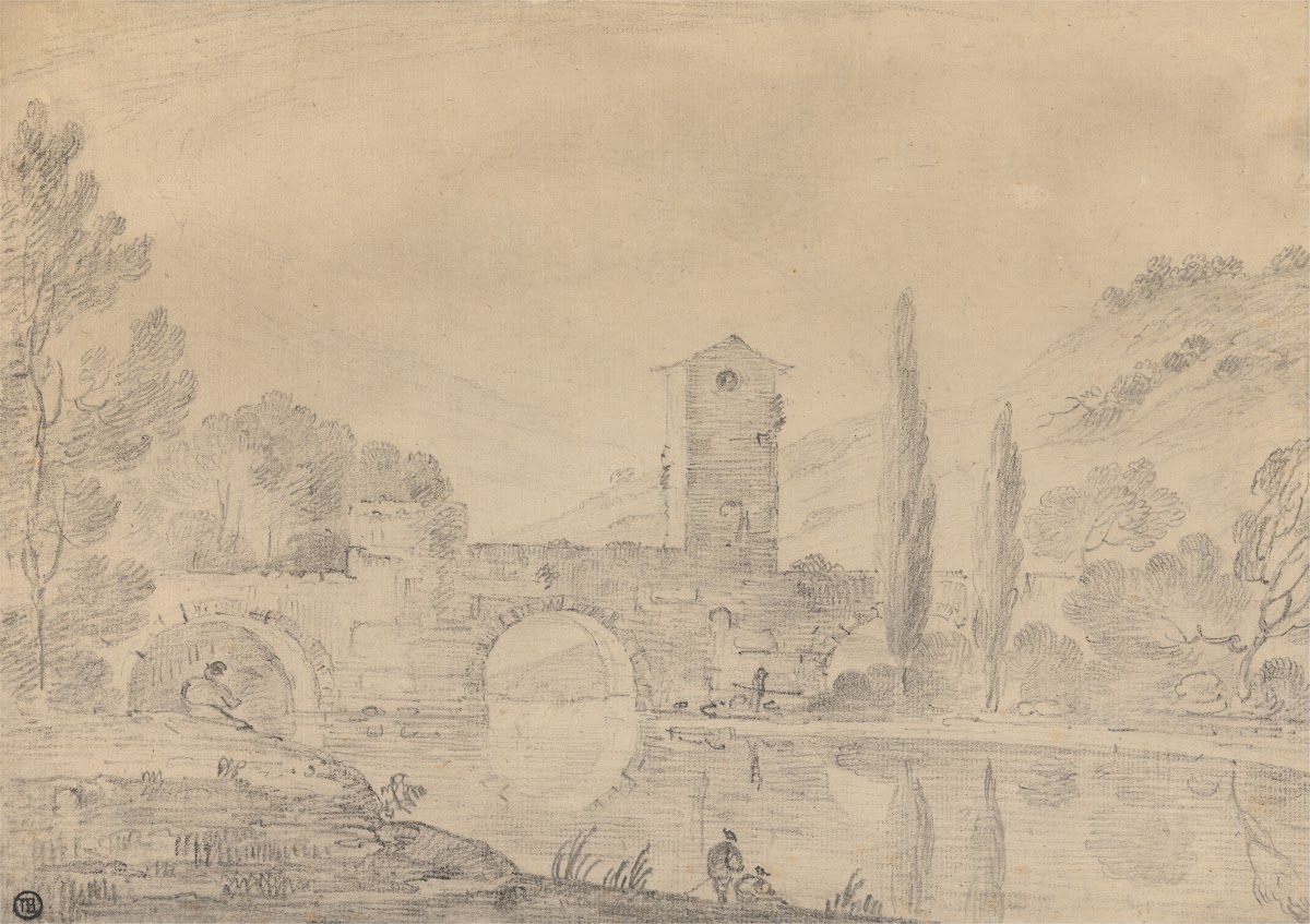 Italian Landscape with Three Arched Bridge Bridgehouse Figures on near Bank and