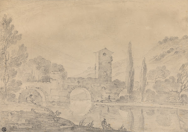 Italian Landscape with Three Arched Bridge Bridgehouse Figures on near Bank and