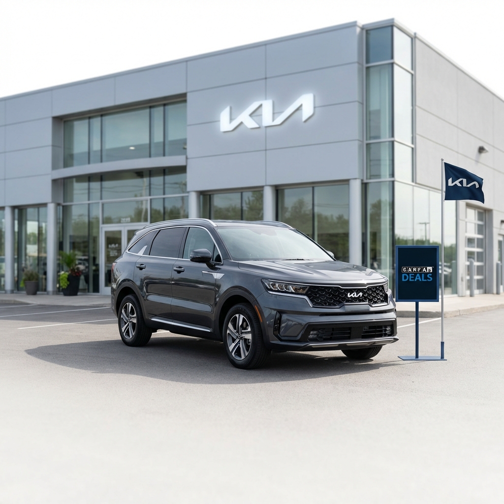 Front view of a modern kia car at a clean white CarFax Deals lot with deep blue accents showing kia motors near me