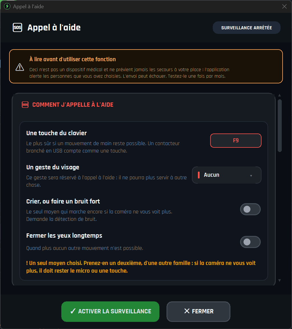 Accessibility Controller - fenêtre Appel à l'aide avec les déclencheurs touche, geste du visage, cri et yeux fermés