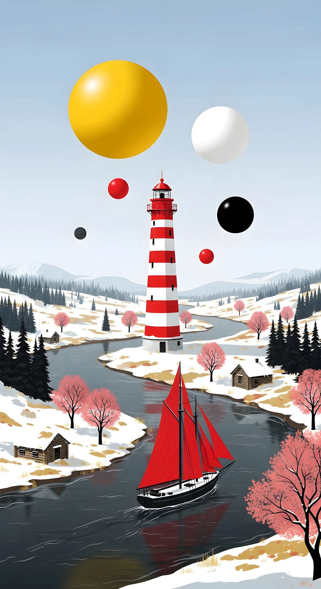 Surreal Lighthouse Winter Landscape with Floating Spheres Art - Free 4K mobile Wallpaper