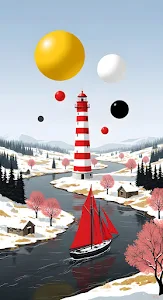 Surreal Lighthouse Winter Landscape with Floating Spheres Art