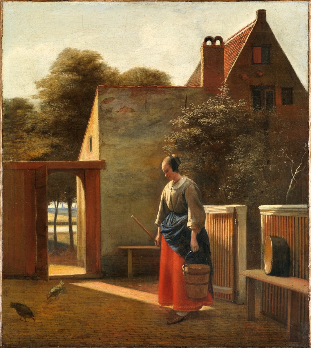 A maid with a bucket in a backyard ca 1660