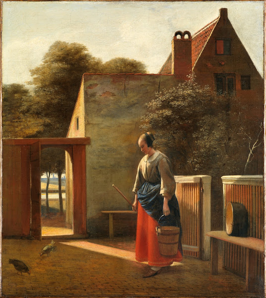 A maid with a bucket in a backyard ca 1660
