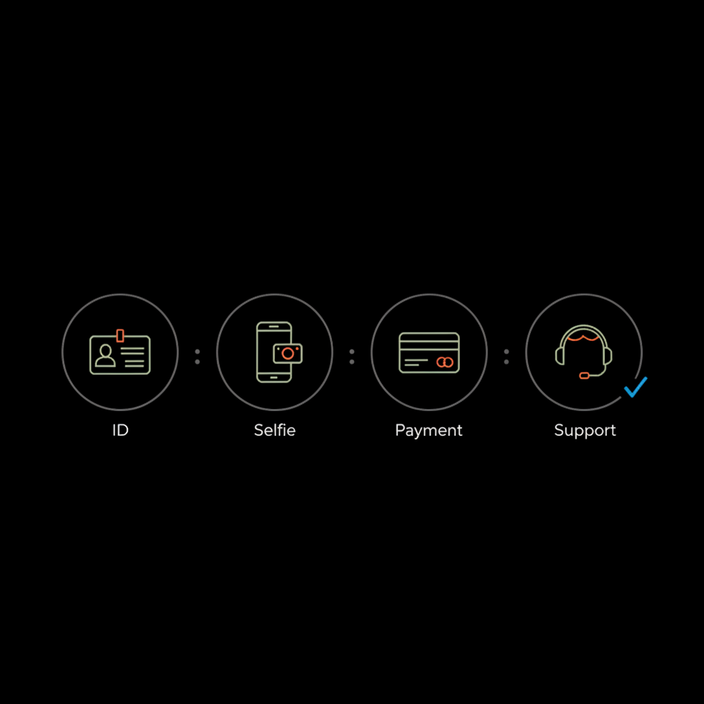 Minimal full-bleed infographic showing verification steps (ID, selfie, payment, support) with meta verified blue tick accent on black background