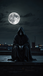 Grim Reaper Sitting on Rooftop Under Full Moon