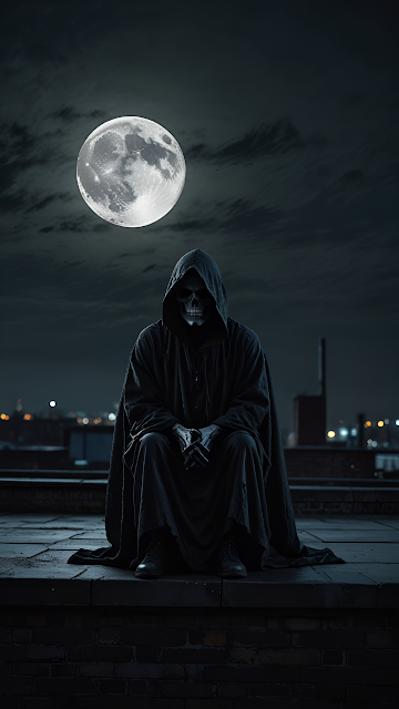 Grim Reaper Sitting on Rooftop Under Full Moon - Free mobile Wallpaper