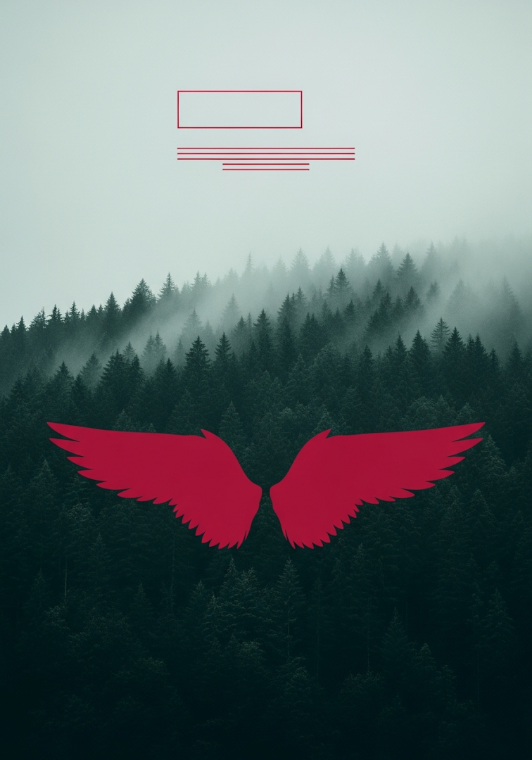 Minimalist Red Wings Over Foggy Forest