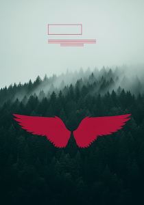 Minimalist Red Wings Over Foggy Forest