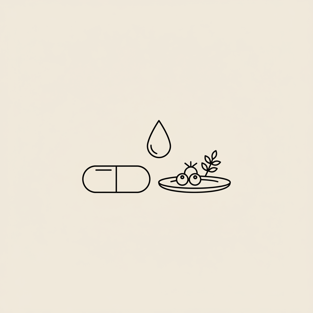 Minimalist vector line illustration of a capsule, small plate with berries, and a water droplet on a beige background referencing phentermine daily weight-management rituals.